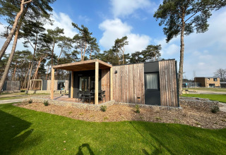 Moderne Belsano 6 lodge op Zilverstrand in België, met houten buitenkant, terras en veel bomen.