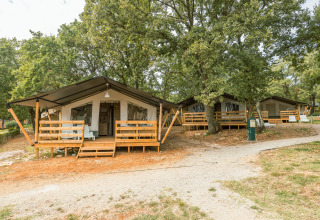 Tienda safari con baño privado y aire acondicionado en Camping Valkanela, Croacia, rodeada de árboles.