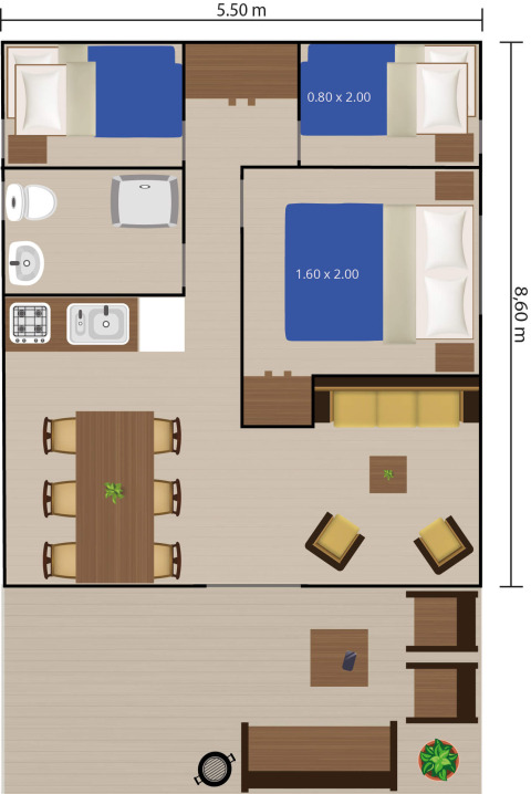 Plattegrond van safaritent met badkamer, airco, twee slaapkamers en terras op Camping Valkanela.