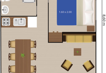 Plan d'une tente safari avec salle de bain, climatisation, deux chambres et terrasse au Camping Valkanela.