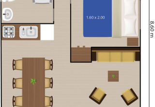 Floor plan of a safari tent featuring bathroom, air conditioning, two bedrooms and a terrace at Valkanela.