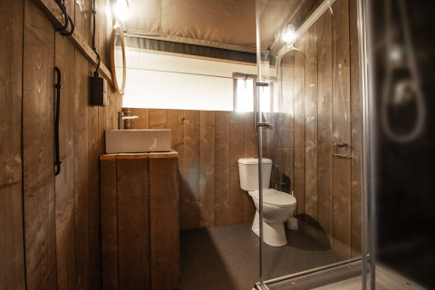Baño en tienda safari con paredes de madera, lavabo moderno, inodoro y cabina de ducha de cristal.