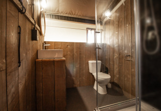Baño en tienda safari con paredes de madera, lavabo moderno, inodoro y cabina de ducha de cristal.