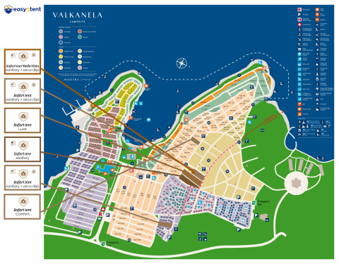 Map of Valkanela campsite showing locations of Easyatent safari tents with icons and legend.