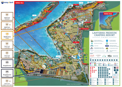 Mappa di Lanterna Premium Camping Resort con tipi di glamping e servizi distintamente segnati.