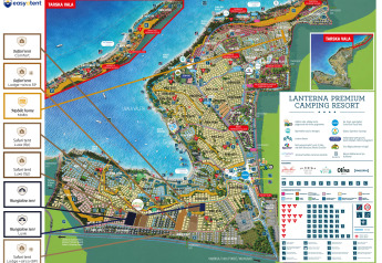 Mappa di Lanterna Premium Camping Resort con tipi di glamping e servizi distintamente segnati.