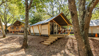Tente safari Bella Vista avec climatisation, installée sur un camping boisé entouré de nature.