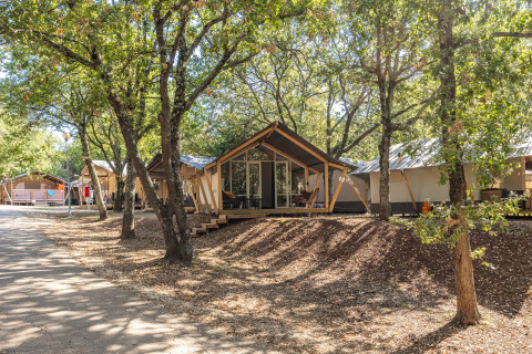 Tente safari Bella Vista avec climatisation, située dans un camping boisé entouré d’arbres verts.