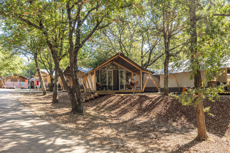 Safari-Zelt Bella Vista mit Klimaanlage, gelegen auf einem bewaldeten Campingplatz mit viel Natur.
