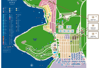 Mapa del camping Porto Sole mostrando las ubicaciones de las tiendas safari Easyatent y servicios.