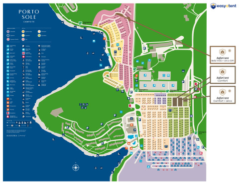 Mappa del campeggio Porto Sole con posizioni delle tende Safari Easyatent e servizi del campeggio.