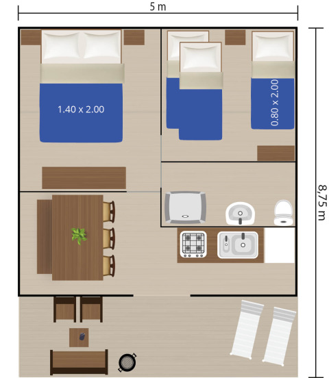 Plano de una tienda safari con dos dormitorios, cocina, comedor, baño completo y zona exterior.
