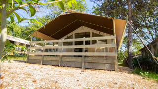Tenda safari con veranda in legno coperta immersa nella natura tra alberi, fotografata dal basso.