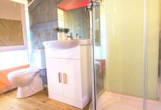 Baño en una tienda safari con suelo de madera, cabina de ducha, inodoro y mueble blanco de lavabo.