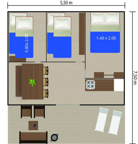Plano de tienda safari con tres áreas de dormitorio, mesa de comedor y cocina, de 5,5 x 7,5 metros.