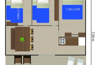 Plano de tienda safari con tres áreas de dormitorio, mesa de comedor y cocina, de 5,5 x 7,5 metros.