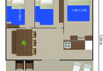 Plantegning af safaritelts indretning med tre soveområder, spiseplads og køkken, målt 5,5 x 7,5 meter.
