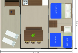 Plano de una tienda safari con dos dormitorios, cocina, comedor y terraza exterior con tumbonas.