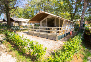 Tienda safari con instalaciones sanitarias en Camping Valkanela, Croacia, rodeada de árboles y vegetación.