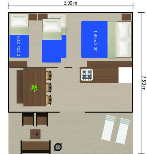 Plano del Safari Tent Luxury con dos dormitorios, cocina, mesa de comedor y una zona de estar exterior.