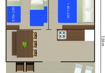 Planimetria della Safari Tent Luxury con due camere da letto, cucina, tavolo da pranzo e zona esterna.