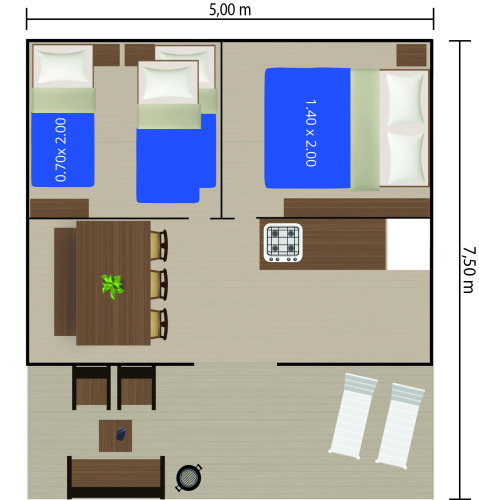 Plan du Safari Tent Luxury comprenant deux chambres, une cuisine, une table à manger et un espace extérieur.
