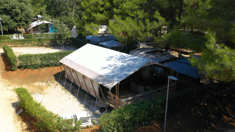 Safari Tent Luxury en Camping Valkanela, Croacia, rodeada de árboles y arbustos en un ambiente natural.