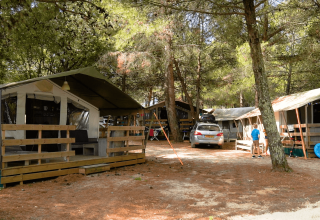 Tende safari di lusso con veranda in legno su un campeggio all’ombra della pineta, auto e bambini.