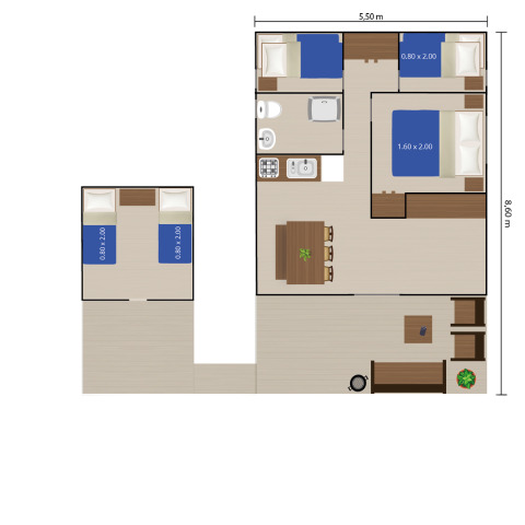 Floor plan of Safari tent Bella Vista with bathroom and air conditioning at Camping Valkanela, Croatia.