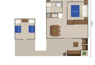 Floor plan of Safari tent Bella Vista with bathroom and air conditioning at Camping Valkanela, Croatia.