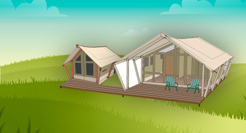 Ilustración de la tienda safari Bella Vista con instalaciones sanitarias y aire acondicionado en Camping Valkanela, Croacia.