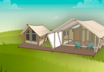 Ilustración de la tienda safari Bella Vista con instalaciones sanitarias y aire acondicionado en Camping Valkanela, Croacia.