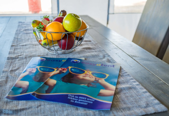 Cestino di frutta e brochure sul tavolo in una Safari Tent Luxury al Camping Lanterna in Croazia.