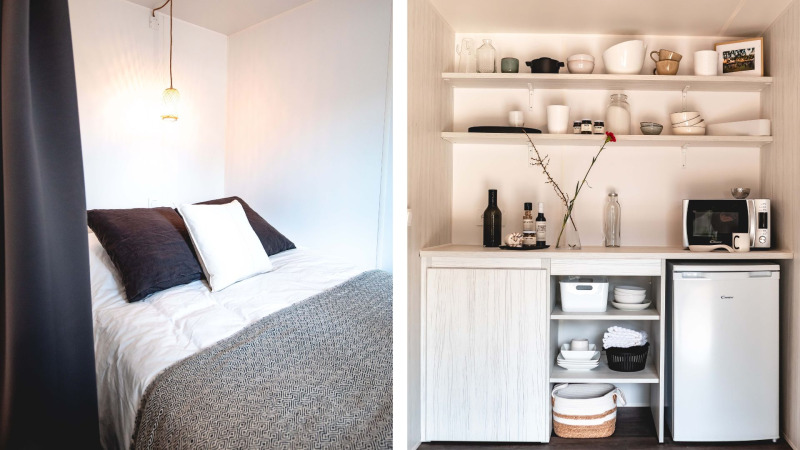 Dormitorio y cocina pequeña de la tienda safari Cottage Midi Suite en Papillon Country Resort, Países Bajos.