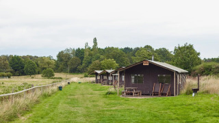 Tiendas safari en Feather Down Heydon Grove Farm, Reino Unido, con ducha privada junto a cada tienda.