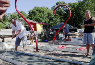 Folk spiller minigolf udendørs på Rosenvold Strand Camping i Danmark, omgivet af træer og afslappet stemning.