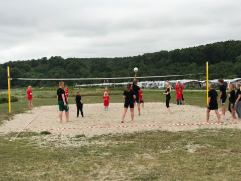 Personas juegan voleibol en una cancha de arena en Rosenvold Strand Camping en Dinamarca, rodeados de naturaleza.