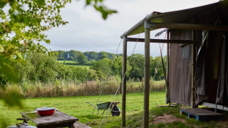 Vista dalla terrazza di una tenda safari su prati verdi, alberi e tavolo da picnic in una giornata estiva.