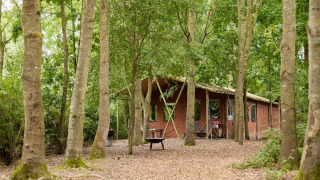 Tenda safari al Feather Down Layer Marney Tower, UK, tra gli alberi con doccia privata e vasca idromassaggio.