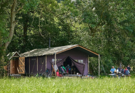 Tienda safari con ducha caliente privada junto a la tienda en Feather Down Moor Farm, Reino Unido, con familia.