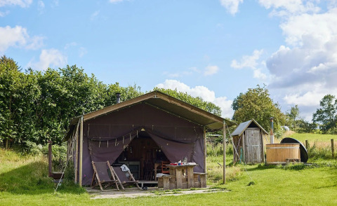 Safaritent met privé douche en hottub op Feather Down Pant y March Farm, VK, op een groen grasveld.