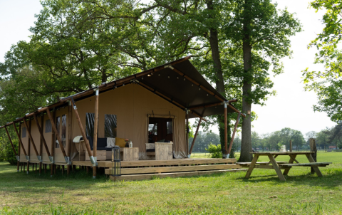 Safari-Zelt mit privatem Bad und großer Terrasse im Holiday Park Mölke, Niederlande, auf einer grünen Wiese.