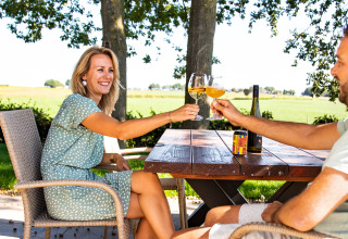 Dos personas brindan con copas de vino en una mesa exterior en Lodge Biebosch, Resort Mooi Bemelen, Países Bajos.