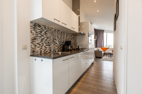 Moderne lodgekøkken med mosaikfliser og opholdsstue på Resort Mooi Bemelen, Biebosch, Nederlandene.