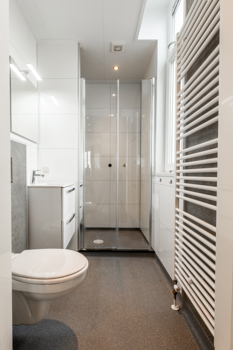 Baño moderno en Biebosch, Resort Mooi Bemelen, Países Bajos, con ducha, lavabo y WC suspendido.