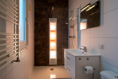 Moderne badkamer met douche, wastafel en spiegel in Biebosch - Sunshower, Resort Mooi Bemelen, Nederland.