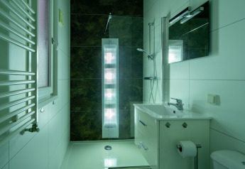 Moderne badeværelse i Biebosch - Sunshower på Resort Mooi Bemelen i Holland med bruser og håndvask.