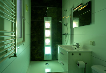 Baño moderno en Biebosch - Sunshower en Resort Mooi Bemelen, Países Bajos, con ducha y lavabo.