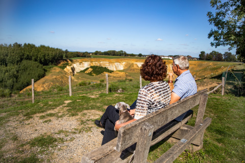 Una pareja mayor con su perro se sienta en un banco y disfruta de la vista en Biebosch - tuinhuis en Resort Mooi Bemelen.