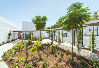 Mooi aangelegde tuin met bomen en schaduwrijke wandelpaden bij Camping Costa del Sol Glamping Village, Andalusië.